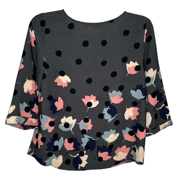 Boden Gray Polka Dot Floral 3/4 Sleeve Flowy Blouse Size 10 - Picture 3 of 5
